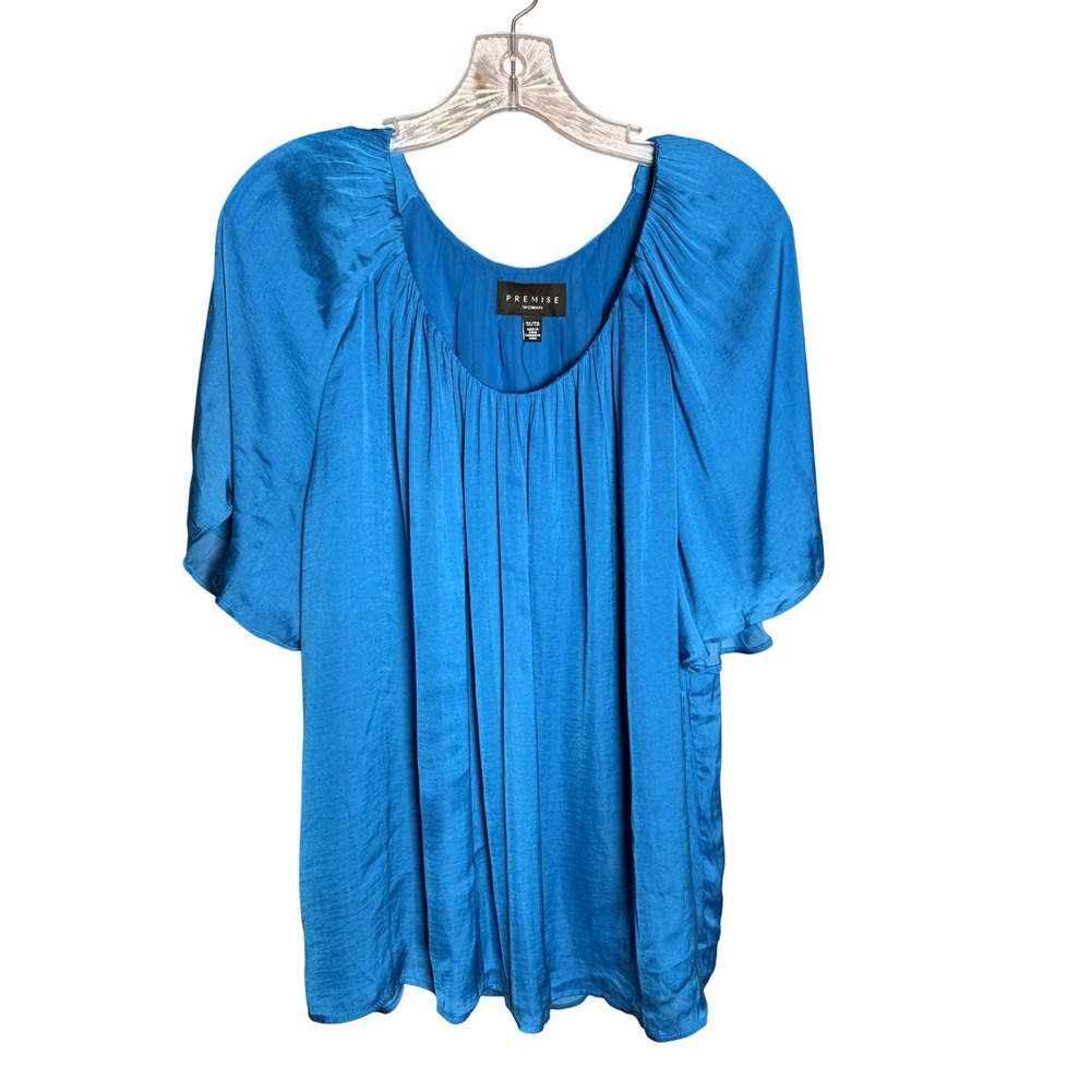 Premise Woman 1X‎ Blue Gathered Neck Flutter Sleeve Blouse Top NWT Plus Size 1X